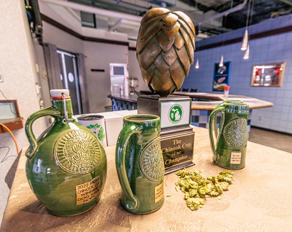 hop growers of michigan chinook cup trophy and ceramic cups